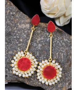 SwaDev Gold Tone Red Studded Pearl Dangler Earrings SDJJE0011